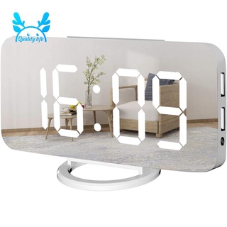 reloj despertador digital grande espejo pantalla led, cargador usb, función snooze dim e al lado del reloj de escritorio para dormitorio blanco