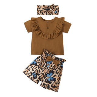Gga-Baby Girl's conjunto de ropa, manga corta volantes y leopardo impresión corta y Headwear traje de tres piezas para