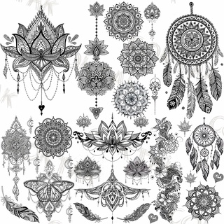 1 hoja 3d sexy negro henna mehndi lotus impermeable tatuajes adhesivos /transferencia de agua estilo mixto pegatinas/arte corporal tatuaje temporal para hombres y mujeres (1)