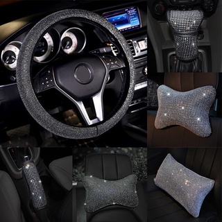 Universal Rhinestone Interior Car Accessories Steering Wheel Cover Hand Brake Gear Cover or Head Pillow Waist Cushion (1)