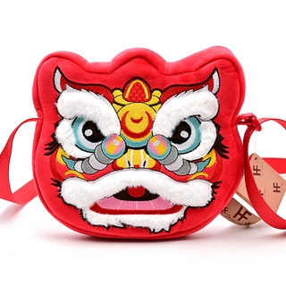 2021 año nuevo regalo bordado chino león danza felpa cambio moneda rojo paquete tarjeta caso Diagonal bolsa mochila