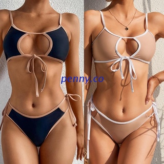 NNY Womens Sexy 2 Piece Bikini Set Hollow Out Keyhole Tie Front Bra Push Up Swimsuit Side Tie Thong Contrast Color Strappy Bathing Suit Beachwear