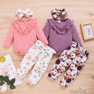 0-24m conjunto de ropa de niña recién nacida de manga larga mameluco +pantalones florales +diadema 3 piezas (1)