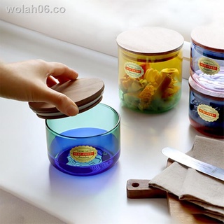 ∈Tanque de almacenamiento de vidrio de color de empalme creativo importado de Japón Amabro tanque de almacenamiento de almacenamiento de cocina transparente con tapa de madera
