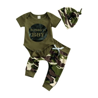 ✲Mo✲Conjunto de traje de 3 piezas para bebé recién nacido, manga corta, estampado de letras, pantalones de camuflaje y sombrero
