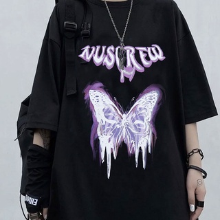 HONEYPEACH Hip Hop Oversize T-shirt Men Women Streetwear Harajuku Style Retro Alphabet Butterfly Print T-shirt