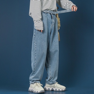 cinturón vaqueros de los hombres de la pierna ancha recta suelta tobillo longitud pantalones de moda casual todo-partido estilo hong kong japonés marca de moda hip hop pantalones