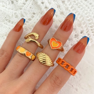 Y2k 5 piezas anillo conjunto naranja amor corazón goteo palma aceite personalizada cadena anillo conjunto para mujeres
