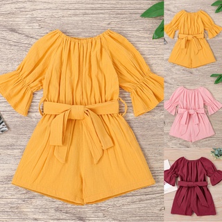 Spring And Summer Solid Color Cotton Short-Sleeved Jumpsuit Pullover Girls#A