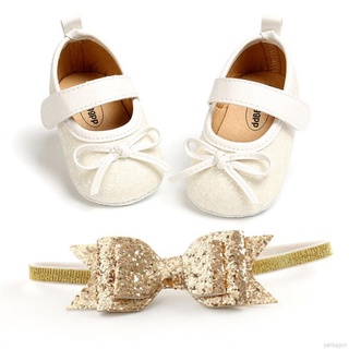 JCFS🔥Productos al contado🔥2 unids/set bebé niña princesa zapatos con diadema suela suave antideslizante calzado 0-18M Bowknot brillante cuna zapatos