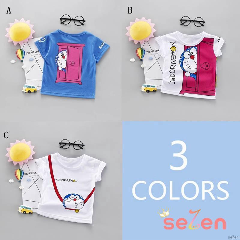se7en lindo niños niños niñas de dibujos animados doraemon camiseta de manga corta doodle gato blanco