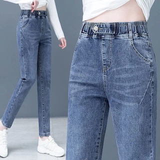 Cintura elástica jeans mujer 2021 primavera y otoño nuevo cintura alta slim Harlan pantalones sueltos y versátiles papá pantalones