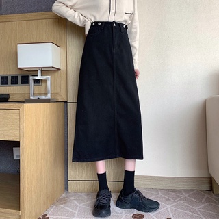 Primavera 2021 nueva falda midi de cintura alta a-line falda de mezclilla de todo fósforo falda negra de media longitud ropa externa femenina