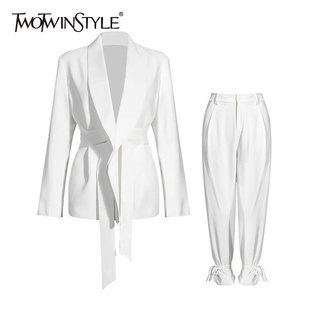 TWOTWINSTYLE-Conjunto de dos piezas coreanas para mujer, Blazer de cintura alta con cinturón, Pantalones rectos con cordones, trajes para mujer, moda 2021