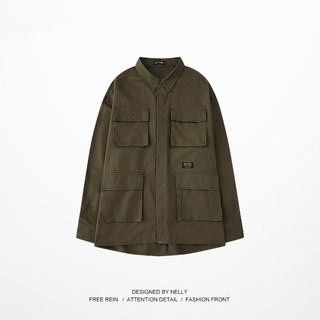 Chaquetas Hip-hop American tooling camisa de los hombres de manga larga primavera y otoño estilo militar multi-bolsillo chaqueta retro suelta chaqueta tendencia (2)