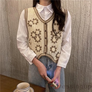 Dre-mujer Crochet punto Vintage sin mangas cuello V suelto Floral suéter chaleco