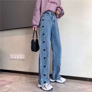 ❤Amor impreso Jeans de las mujeres s ancho de la pierna pantalones de cintura alta era delgado coreano estudiante salvaje pantalones rectos 2BgC