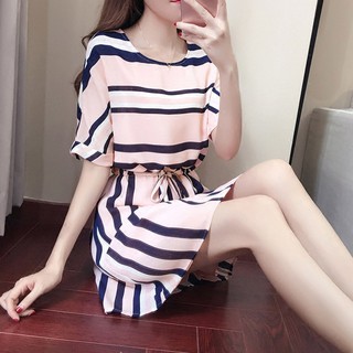 las mujeres de verano de manga corta delgada cintura rayas mini vestido de una línea de vestido (1)