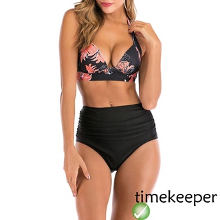 ❤Wo✲Mujeres verano de dos piezas Bikini conjunto sin mangas Floral Halter acolchado Push Up sujetador+Color sólido cintura alta Bikini