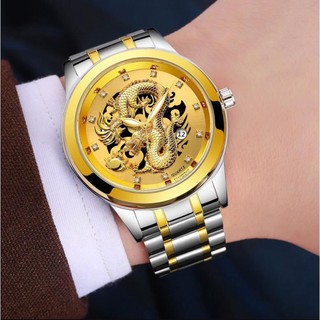 3d oro dragón calendario reloj de cuarzo de acero inoxidable hombres relojes jam tangan