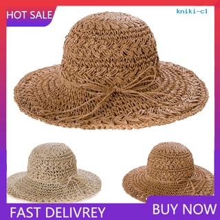 NSMZ_ Women Foldable Crochet Knit Straw Hat Large Brim Sun Protection Sunhat Beach Cap