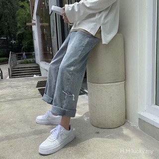 Inshong Kong estilo Jeans de los hombres de la marca de moda suelta pantalones rectos de los hombres estudiante de moda Casual recortado pantalones de los hombres pantalones de pierna ancha (1)