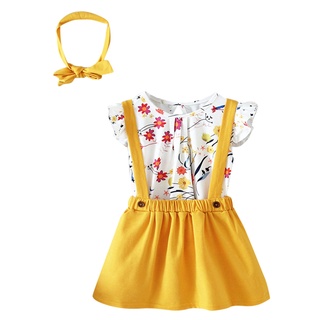 [XHSA]-Toddler Kids Baby Girl Floral Print Tops +Solid Overalls Skirt+Headbands