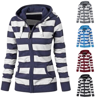 YL🔥 Spot 🔥mujeres casual rayas impresión cremallera prendas de abrigo sudadera con capucha Chamarra delgada abrigos