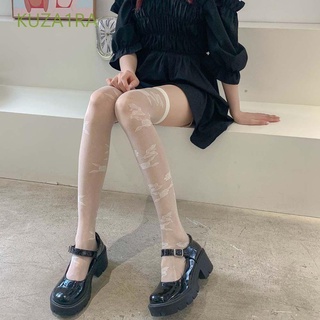 KUZA1RA delgado Overknee calcetín transpirable mujeres calcetines de seda medias elásticas femeninas impresión rosa negro gótico estilo coreano flor Hosiery/Multicolor