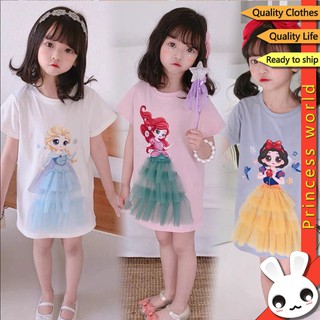 Las niñas camisas vestido 3D algodón de manga corta Top camisa Frozen Elsa princesa vestido niña camiseta ropa de niños (1)
