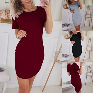 Women's Casual Split Tight Short-Sleeved Dress Casual Basic Mini Solid Color Dress Red S