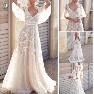 vestido de novia blanco con aplicaciones de encaje para playa/vestido de novia con cuello en v (4)