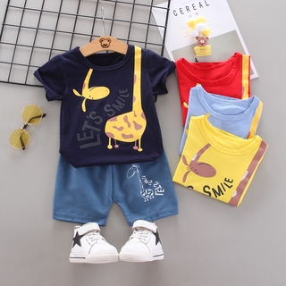 [Mic]Lindo 1-4Y traje de bebé niño 2 unids/set niños Top camiseta + pantalones cortos de dibujos animados jirafa niño camisas Budak kasut Baju niños ropa (1)