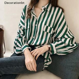 (decorationbt) mujeres suelta cuello v blusa estilo raya tops manga larga camiseta casual maxi camisas en venta