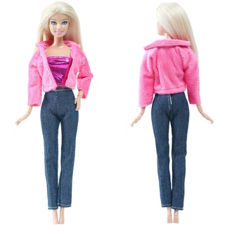 Pantalones De mezclilla Rosa chaleco abrigo De piel Para muñeca Barbie