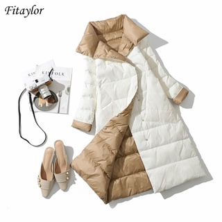 Fitaylor-abrigo de plumón de pato para mujer, parka cálida con doble botonadura y cuello alto, Chaqueta larga de doble cara para invierno, 2021