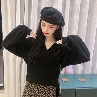 IELGY solid color long-sleeved retro V-neck blouse women ins season Korean design sense loose hedging thin sweater (9)