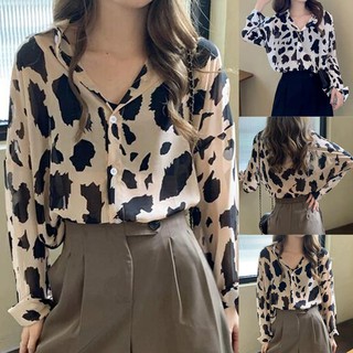 camisa de botón para mujer/manga larga/cuello descubierto/impresión de leopardo