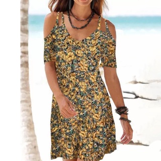 vestido de mujer estampado floral hueco manga bohemia cuello en v tiras de espagueti vestido para playa (7)