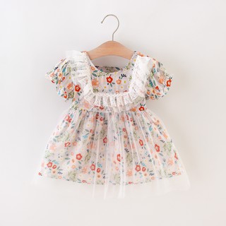 2021 niñas vestido de verano nueva moda ropa de los niños dulce encaje lindo floral extranjero malla de aire chaleco falda