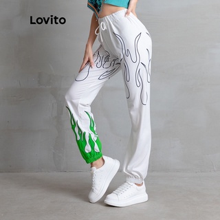 Lovito Sporty Fire Print pantalones con cordón L05037 (verde) (1)