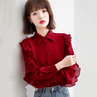 Camisa de gasa para mujer primavera 2021 nueva tendencia moda blusa con volantes estilo de principios de primavera camisa pequeña roja extranjera