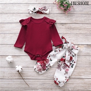F·H 3Pcs/Set Baby Suit Flower Pattern Pure O Neck Toddlers Romper