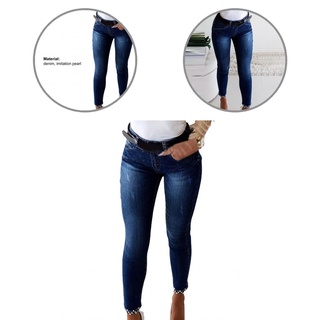 ankaina imitación perla decoración jeans arco puño bolsillos skinny jeans tobillo longitud streetwear (1)