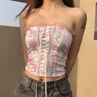 SKELETON Women Summer Sexy Strapless Corset Crop Top Vintage Pink Floral Print Slim Bandeau Camisole Criss Cross Lace-Up Front Ruffled Lace Bustier Party Clubwear (5)