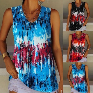 shuyuexi Women Round Neck Tie Dye Printed Sleeveless Thin Vest Loose Blouse Pullover for Party