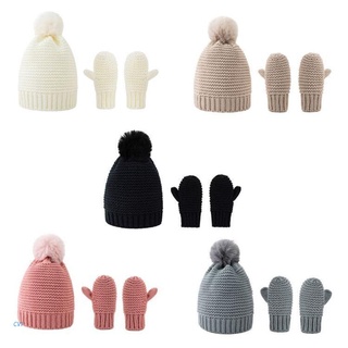 🔥 CVI Kids Warm Winter Knitted Pompom Hat Gloves Set Children Windproof Beanie Cap Mitten for Boys Girls