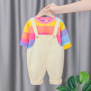 fashionjewelry exquisito 2pcs 6m-3t bebé otoño ropa conjunto arco iris rayas niño jersey general pantalones (1)