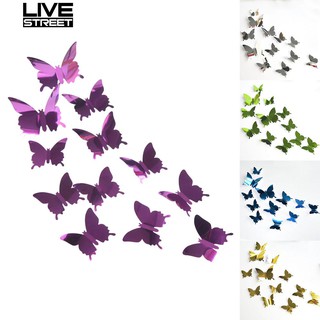 ¡ Caliente ! 12 Unids/Set Mariposa 3D Espejo PVC Pared Arte Decoración Pegatina Extraíble