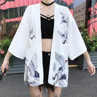 2020 ins caliente estilo chino blanco negro grúa impresión suelta verano mujeres harajuku japonés moda kimono cardigan ropa asiática